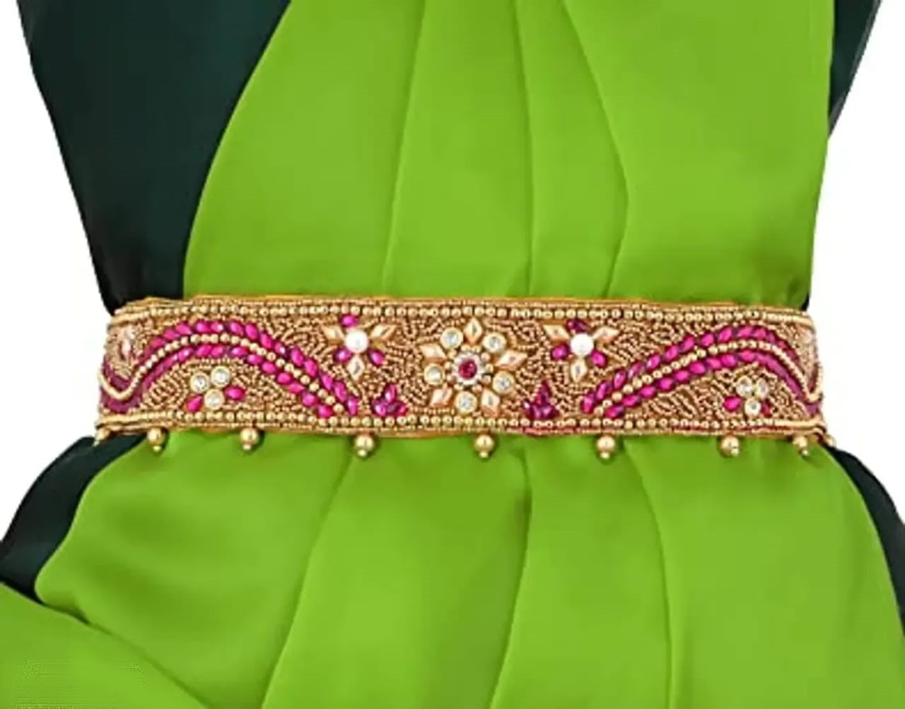 Vama's CRAFT stretchable Cloth Vaddanam kamarbandhani, waist belt,belly chain.  This is a Traditional Belt called Kamarbandh, Waist Belt or Belly Chain wore on Saree or traditional Gown or Lehenga. Traditional look with embroidered Golden Belt ( Kmarbandh ) for wedding season. Jewellery Golden Zari Embroidery Wedding Saree Waist Belt, Belly Chain, Wide Hand Embroidery.